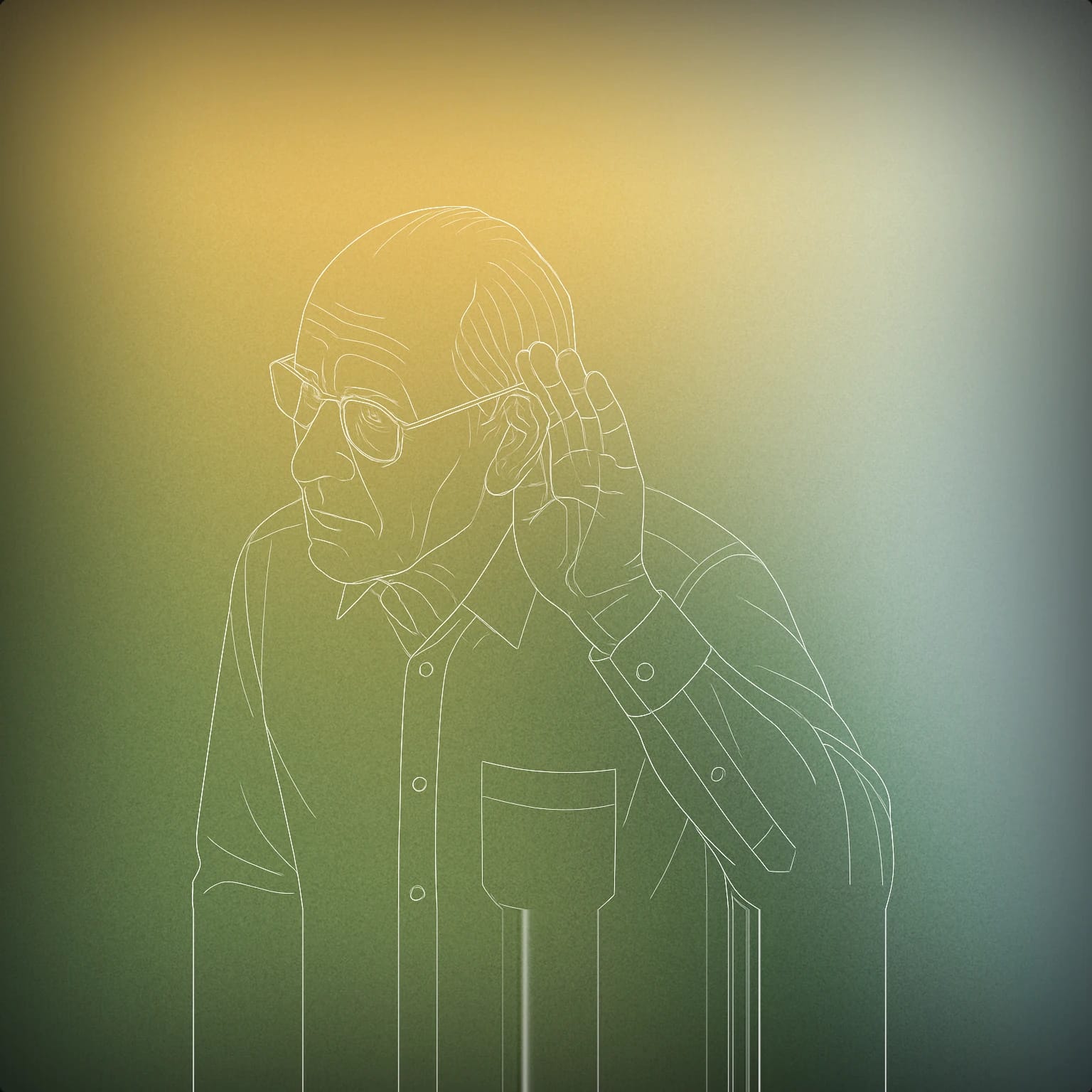 Cover of elderly man listening with a cupped hand to his ear for Elderly male voice library