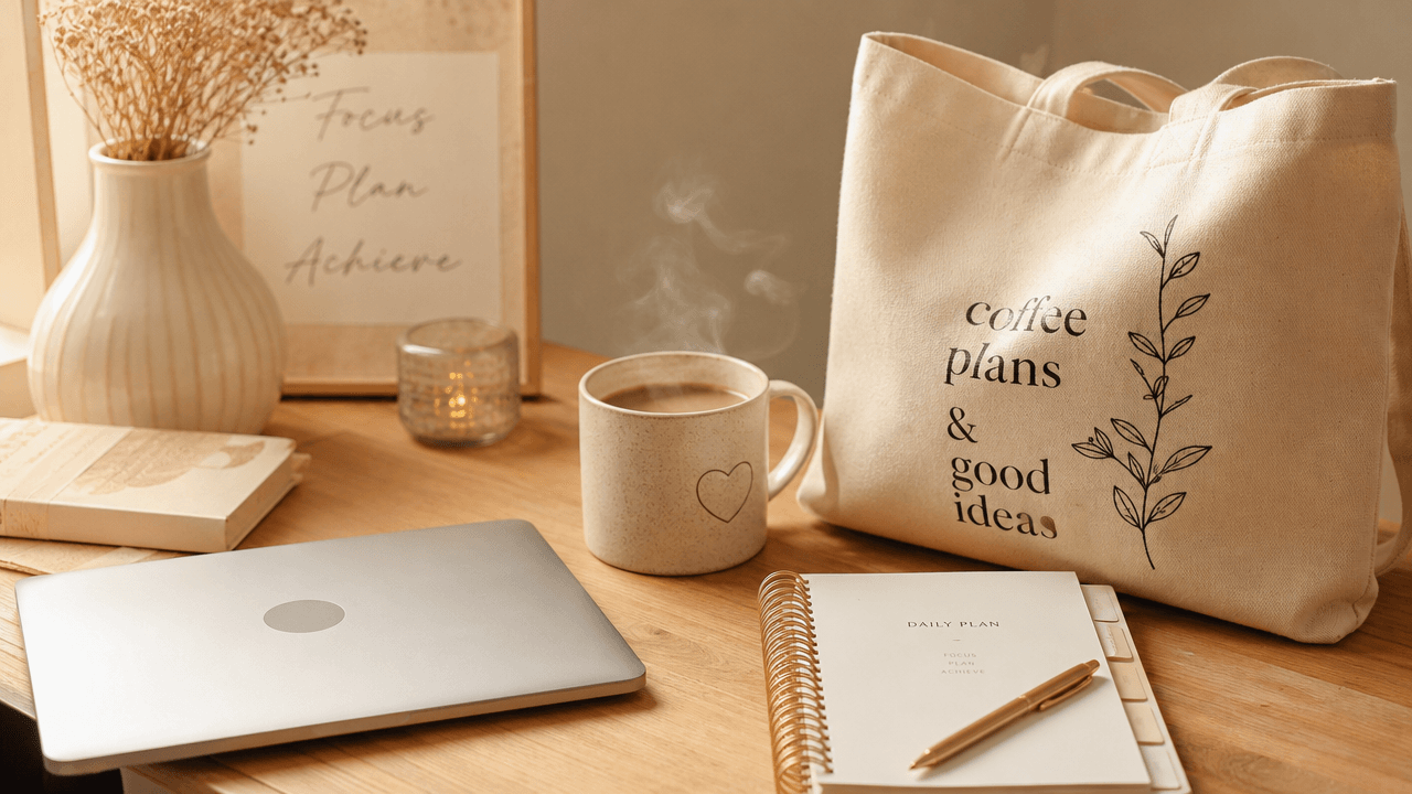 This video presents a calm and inviting indoor setting, likely a home office or study space, featuring a static arrangement of everyday objects. The overall mood is peaceful and organized, with a focus on productivity and comfort. Key elements include a closed laptop, a steaming mug with a heart design, a daily planner with a pen, and a canvas tote bag emblazoned with "coffee plans & good ideas." A white vase with dried flowers and a framed motivational quote ("Focus Plan Achieve") add to the serene aesthetic. The visual style is realistic and clean, with a warm and muted color palette dominated by creams, beiges, and light browns, creating a soft, inviting atmosphere.